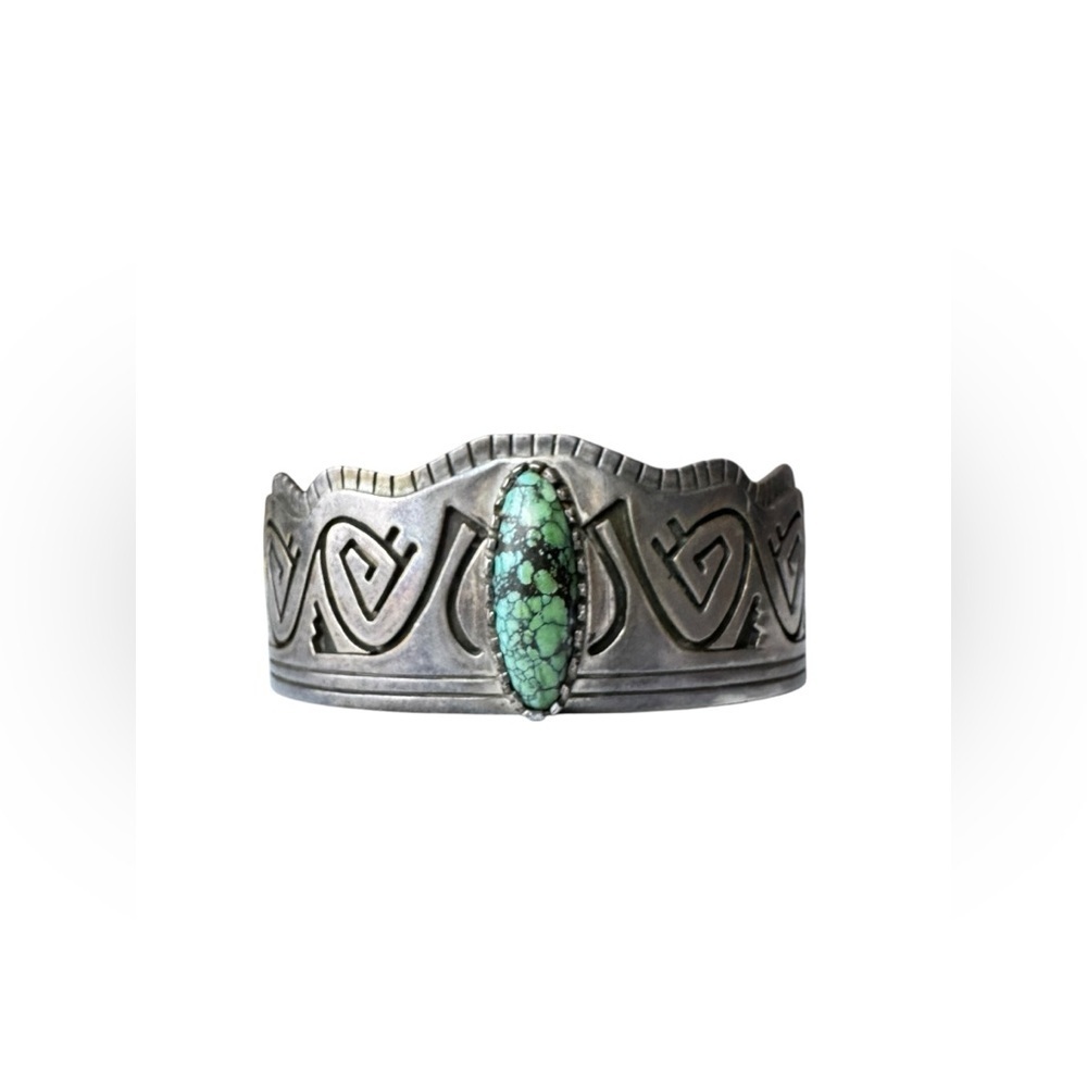 Vintage JB Sterling Silver Cuff Bracelet - Native American Design with Turquoise - Picture 2 of 9